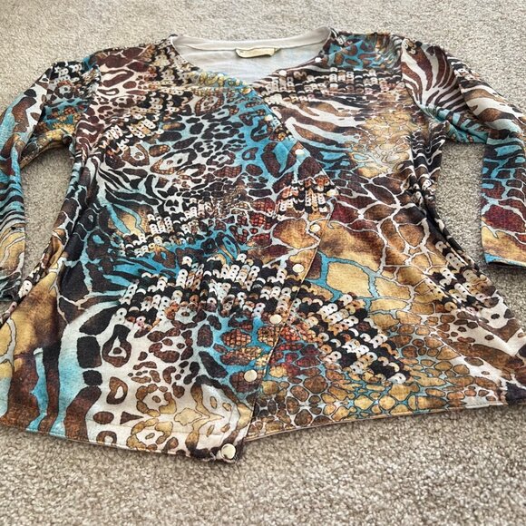 Y2K Asymmetrical Zebra & Cheetah Print Flowy V-Neck Top Brown Blue - Picture 5 of 11